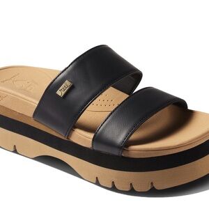 Reef Black Double-Strap Platform Slide with Tan Footbed